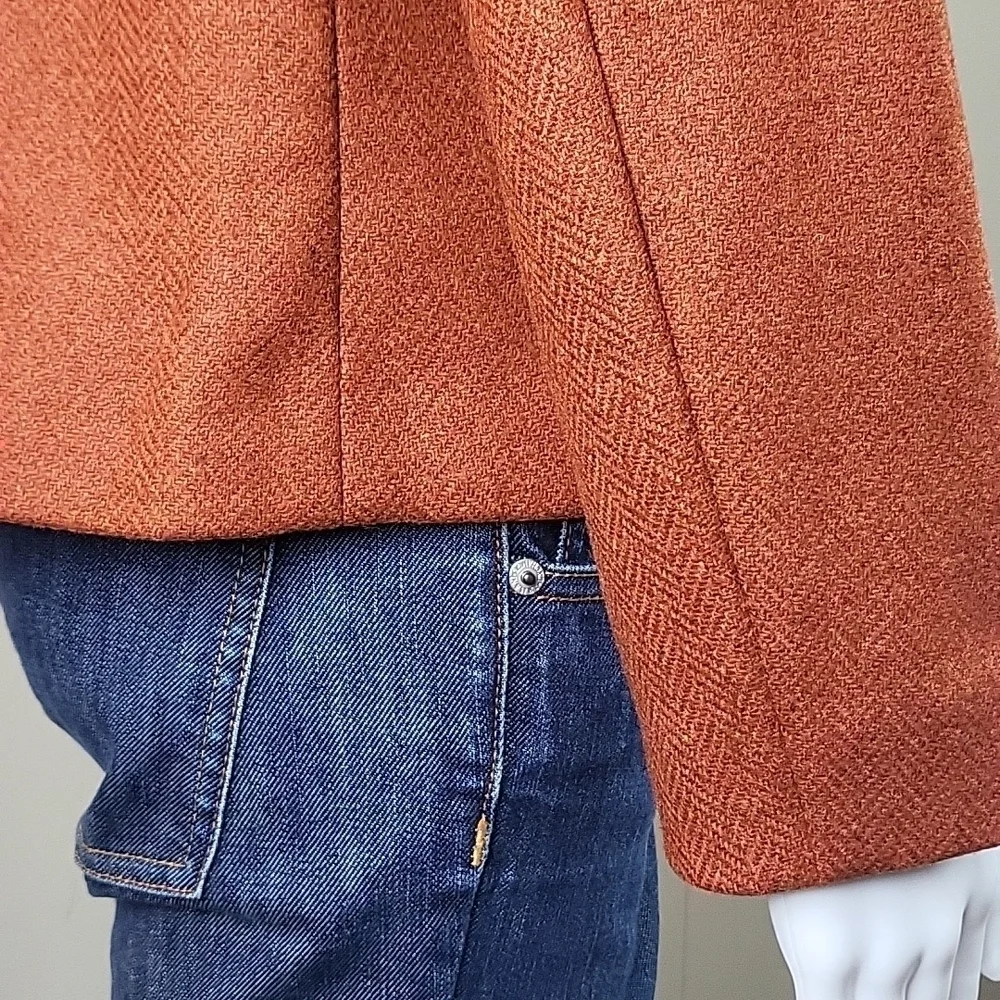 Lands End 100% Wool Tweed Burnt Orange Button Front Jacket Blazer